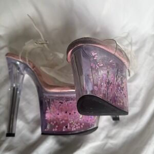 Pleaser Adore pole shoes Pink Heart Glitter Platform Sandals Clear 7 Inch Heel 8
